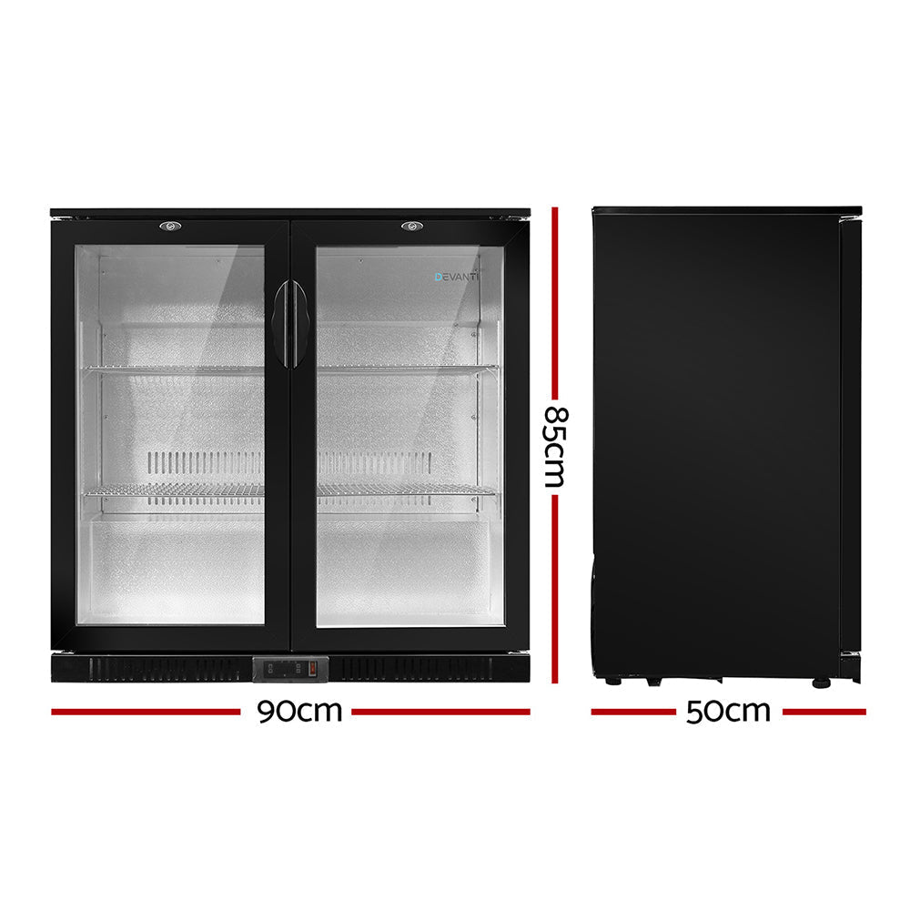 Devanti Bar Fridge 2 Glass Door Commercial Display Freeer Drink Beverage Cooler Black-1