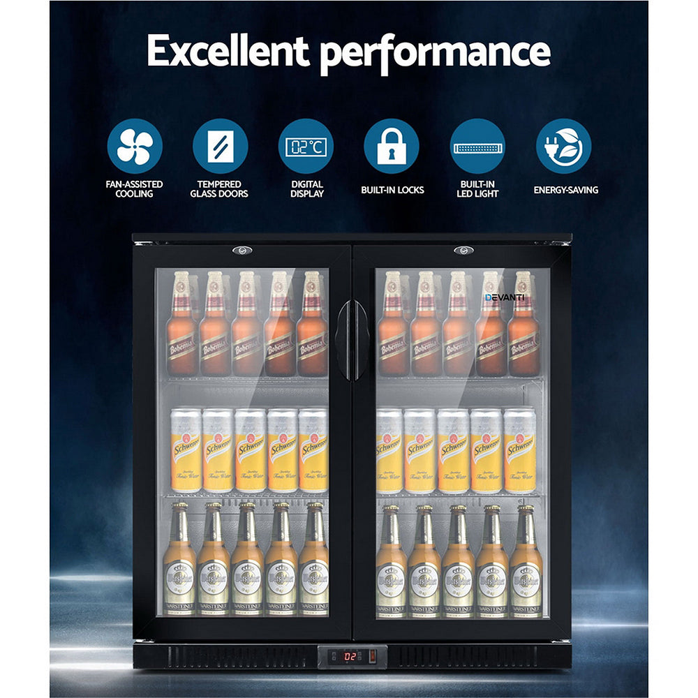 Devanti Bar Fridge 2 Glass Door Commercial Display Freeer Drink Beverage Cooler Black-4