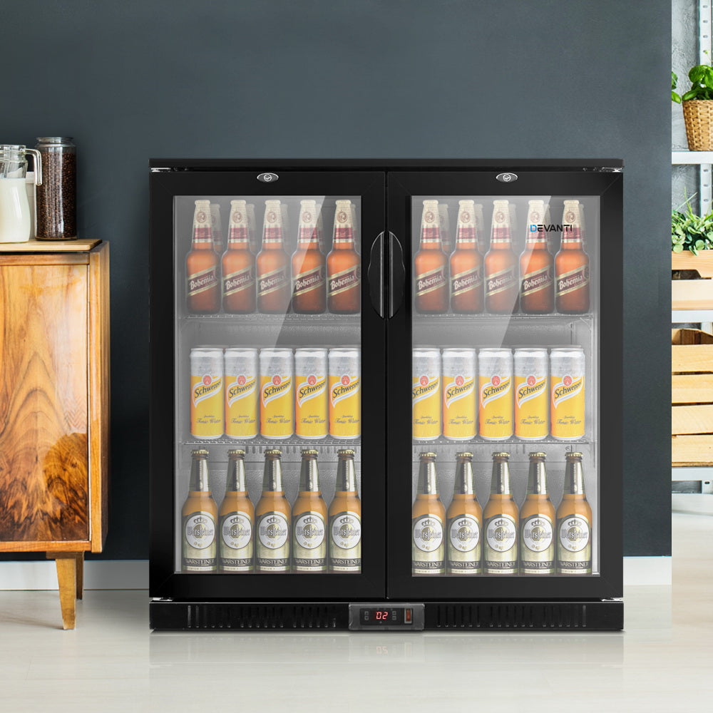 Devanti Bar Fridge 2 Glass Door Commercial Display Freeer Drink Beverage Cooler Black-7