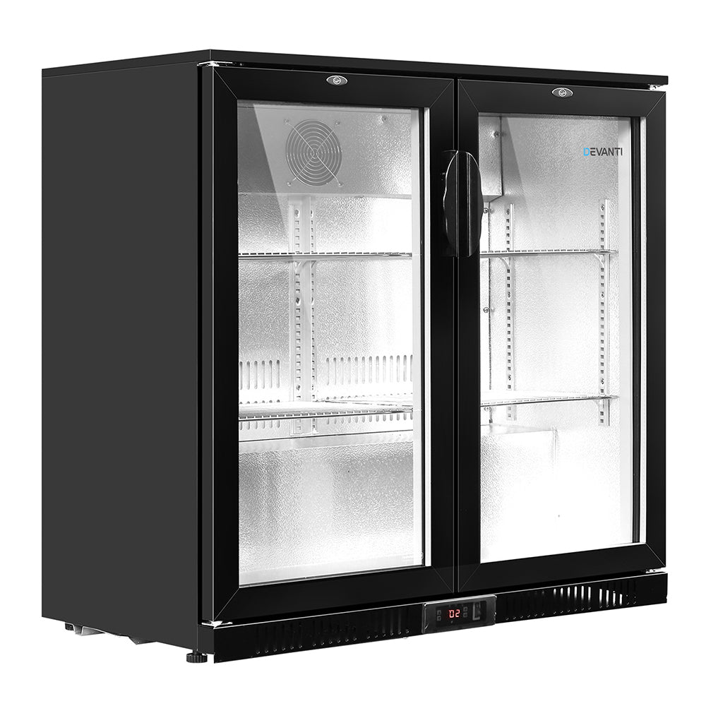 Devanti Bar Fridge 2 Glass Door Commercial Display Freeer Drink Beverage Cooler Black-0