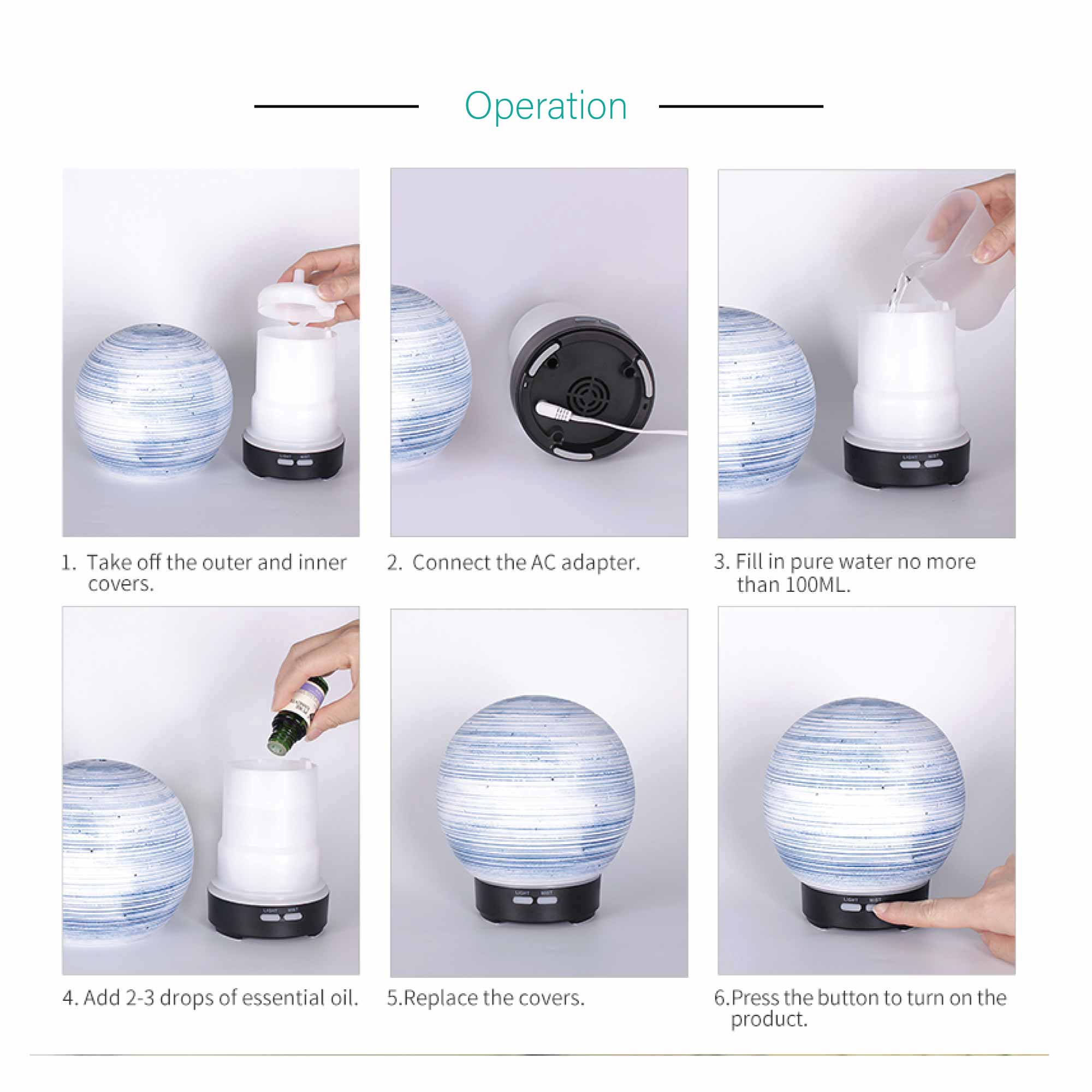 Essential Oil Aroma Diffuser - 100ml Ball Aromatherapy Ultrasonic Humidifier-6