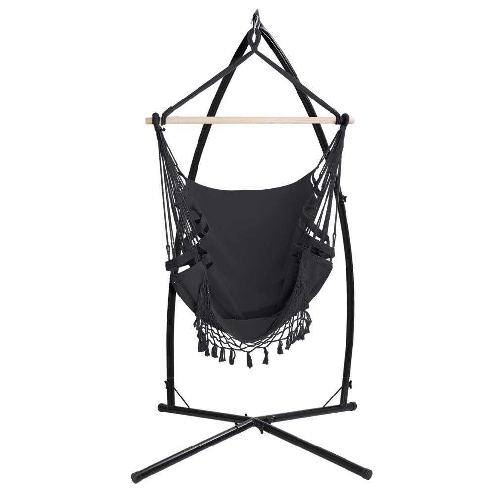 Gardeon Outdoor Hammock Chair with Steel Stand Tassel Hanging Rope Hammock Grey-2
