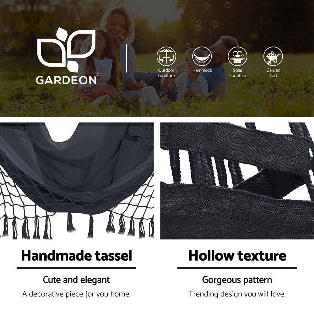 Gardeon Outdoor Hammock Chair with Steel Stand Tassel Hanging Rope Hammock Grey-3