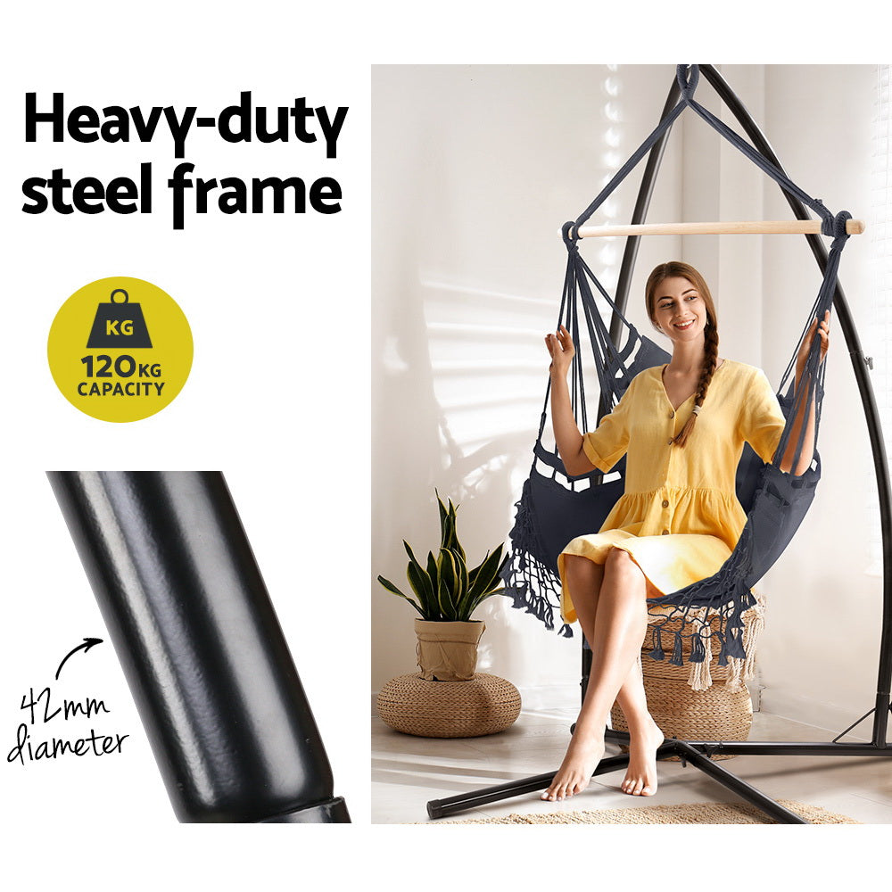 Gardeon Outdoor Hammock Chair with Steel Stand Tassel Hanging Rope Hammock Grey-4