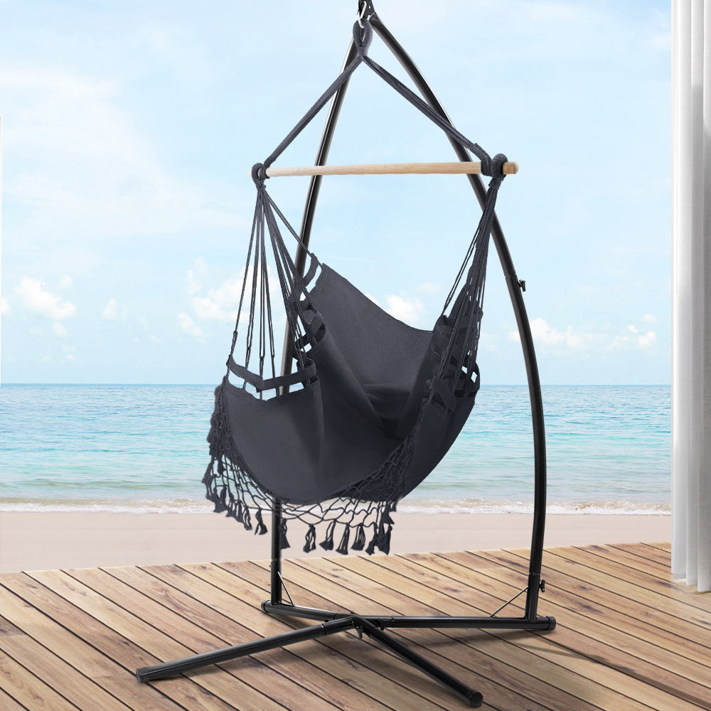 Gardeon Outdoor Hammock Chair with Steel Stand Tassel Hanging Rope Hammock Grey-7