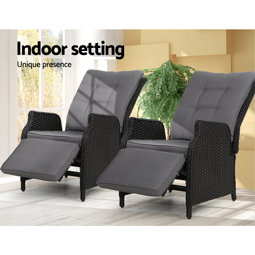 Gardeon Set of 2 Recliner Chairs Sun lounge Outdoor Furniture Setting Patio Wicker Sofa Black-11