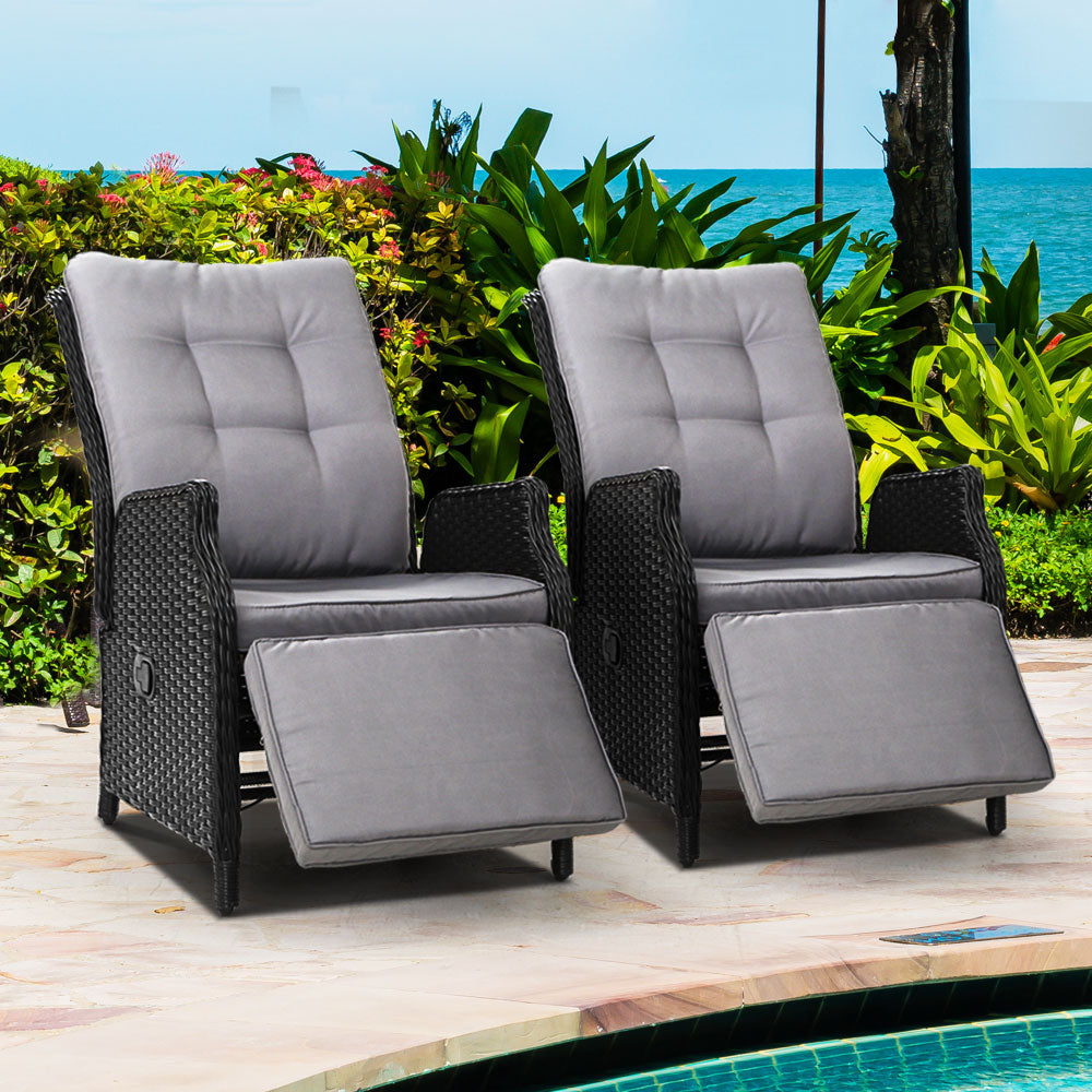 Gardeon Set of 2 Recliner Chairs Sun lounge Outdoor Furniture Setting Patio Wicker Sofa Black-7