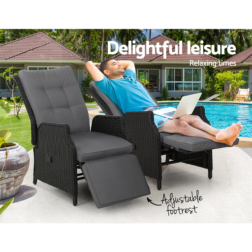 Gardeon Set of 2 Recliner Chairs Sun lounge Outdoor Furniture Setting Patio Wicker Sofa Black-8