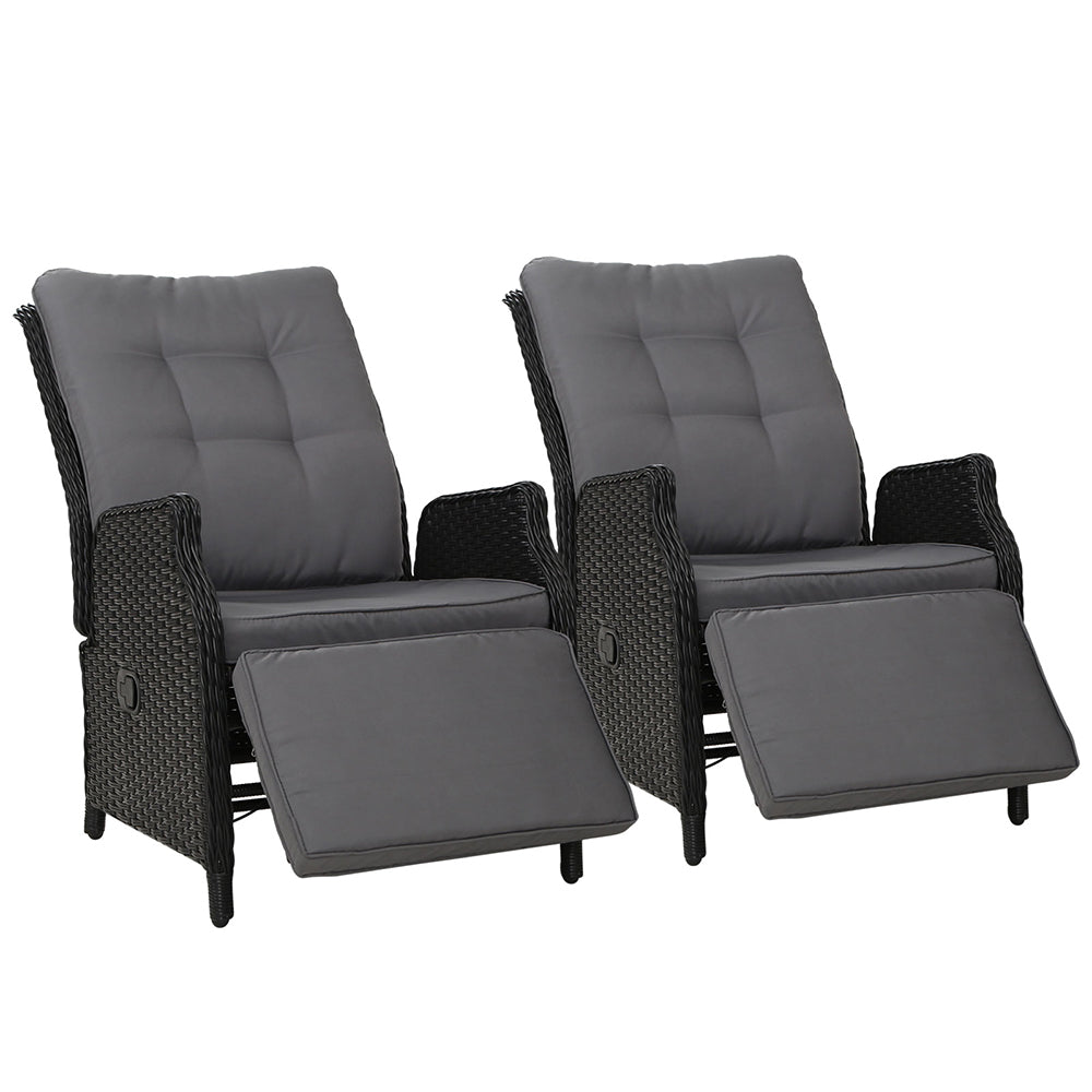 Gardeon Set of 2 Recliner Chairs Sun lounge Outdoor Furniture Setting Patio Wicker Sofa Black-0
