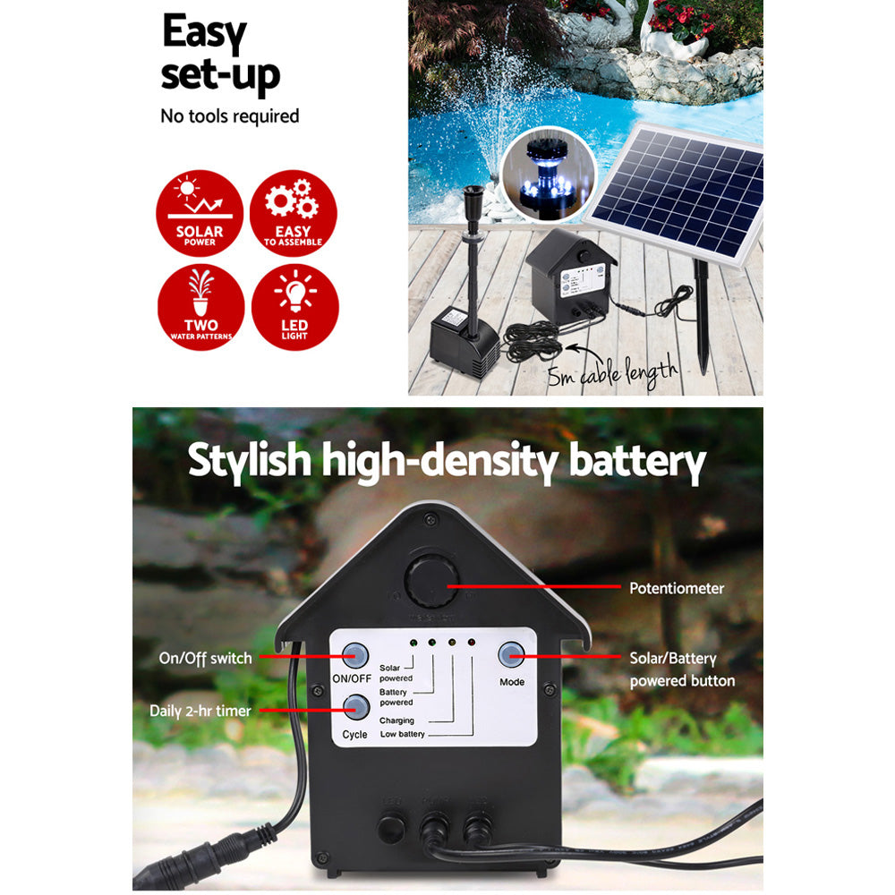 Gardeon Solar Pond Pump Battery Powered Outdoor LED Light Submersible Filter-3