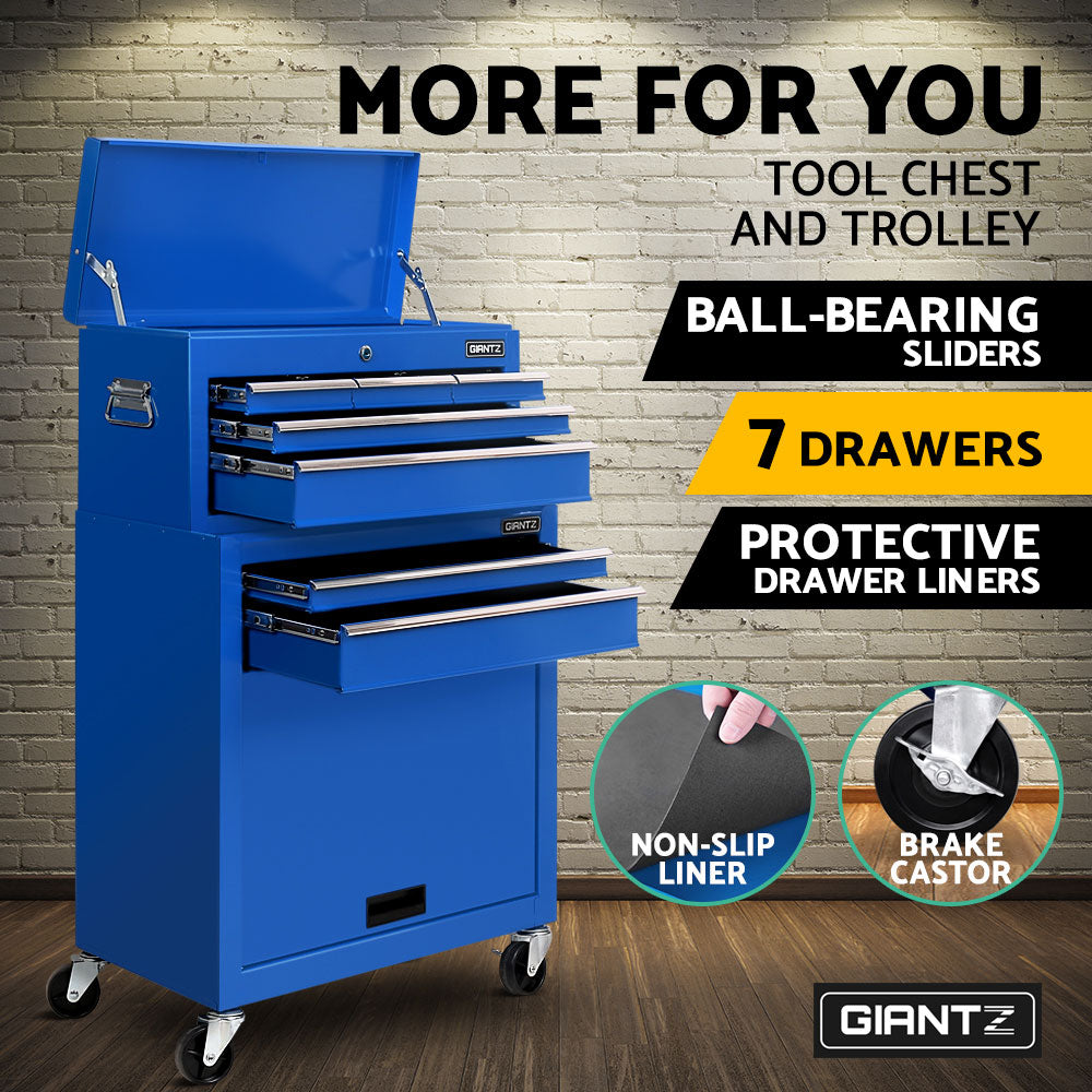 Giantz 7 Drawer Tool Box Cabinet Chest Storage Garage Toolbox Organiser Set Blue-3