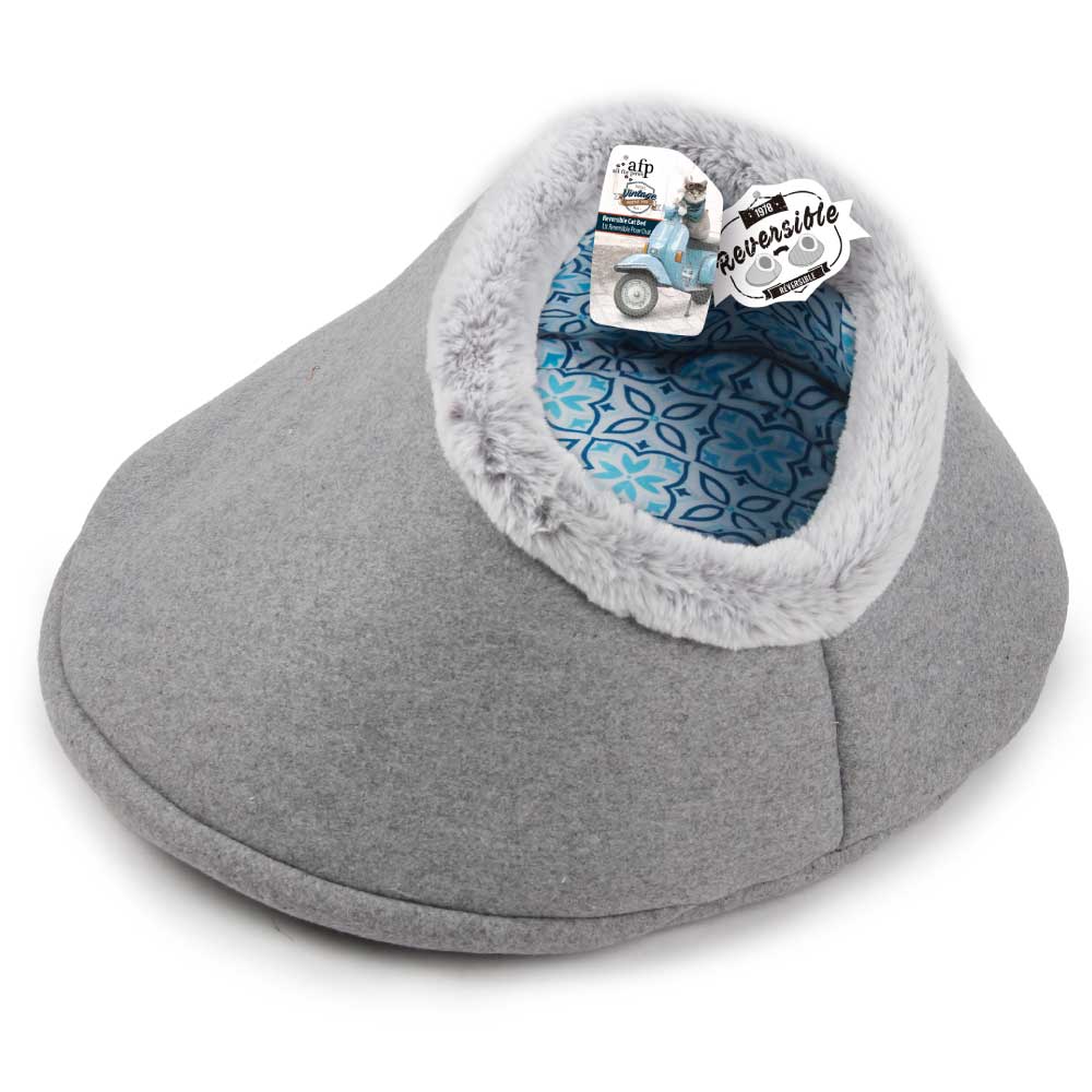 Igloo Cat Bed Reversible Cave - Grey Retro Vintage Faux Felt Fabric - AFP-0