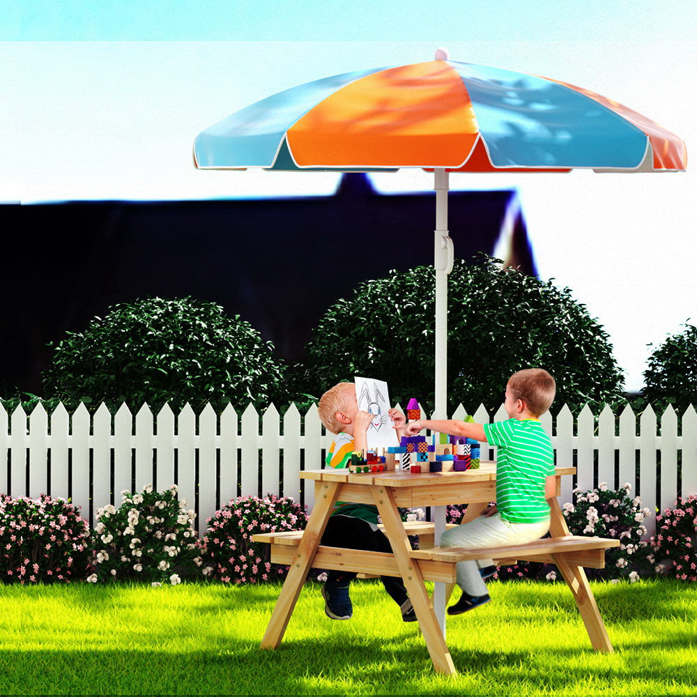 Keezi Kids Outdoor Table and Chairs Picnic Bench Set Umbrella Water Sand Pit Box-7