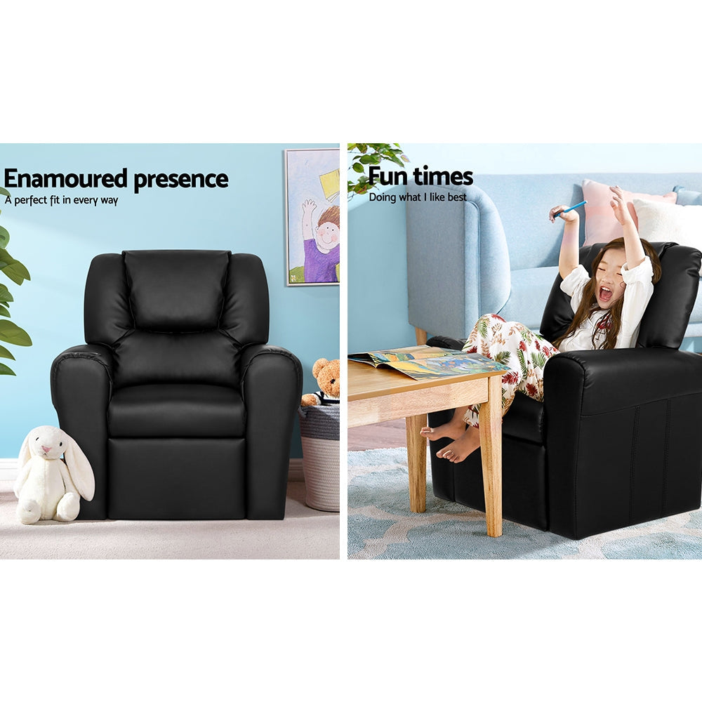 Keezi Kids Recliner Chair Black PU Leather Sofa Lounge Couch Children Armchair-3
