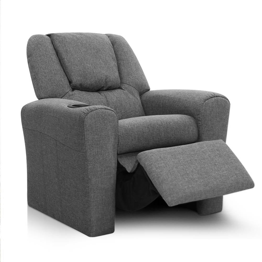 Keezi Kids Recliner Chair Grey Linen Soft Sofa Lounge Couch Children Armchair-2
