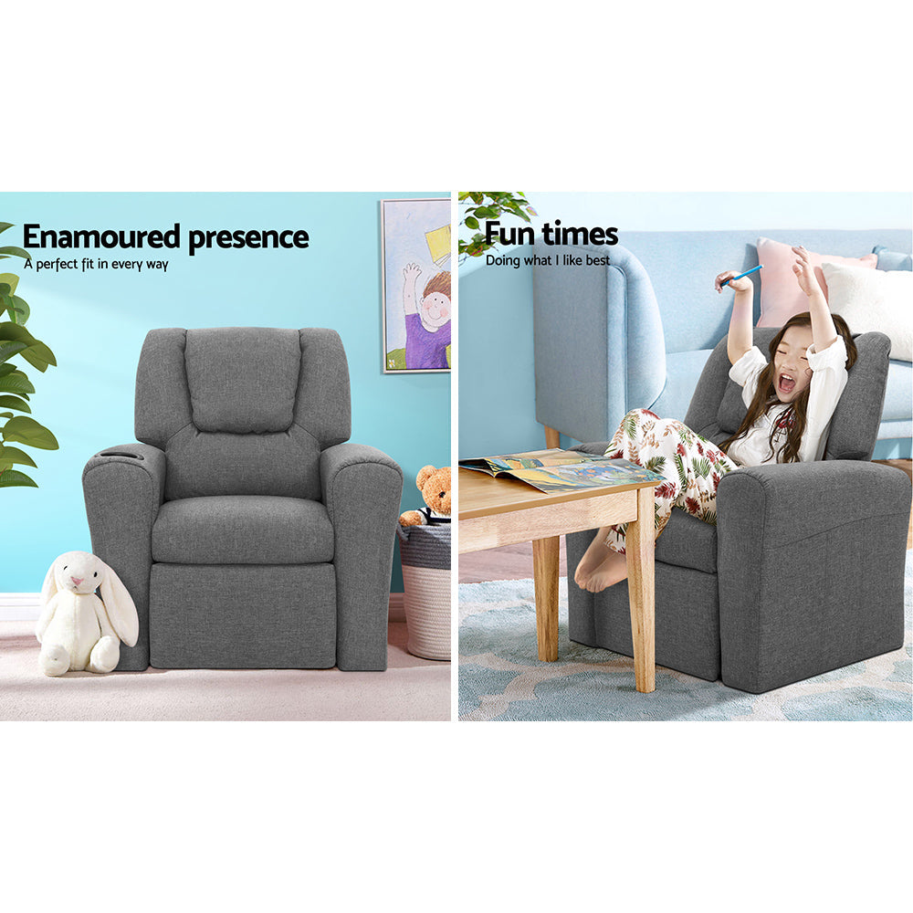 Keezi Kids Recliner Chair Grey Linen Soft Sofa Lounge Couch Children Armchair-3