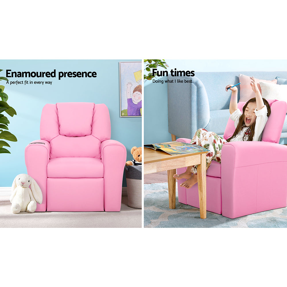 Keezi Kids Recliner Chair Pink PU Leather Sofa Lounge Couch Children Armchair-3
