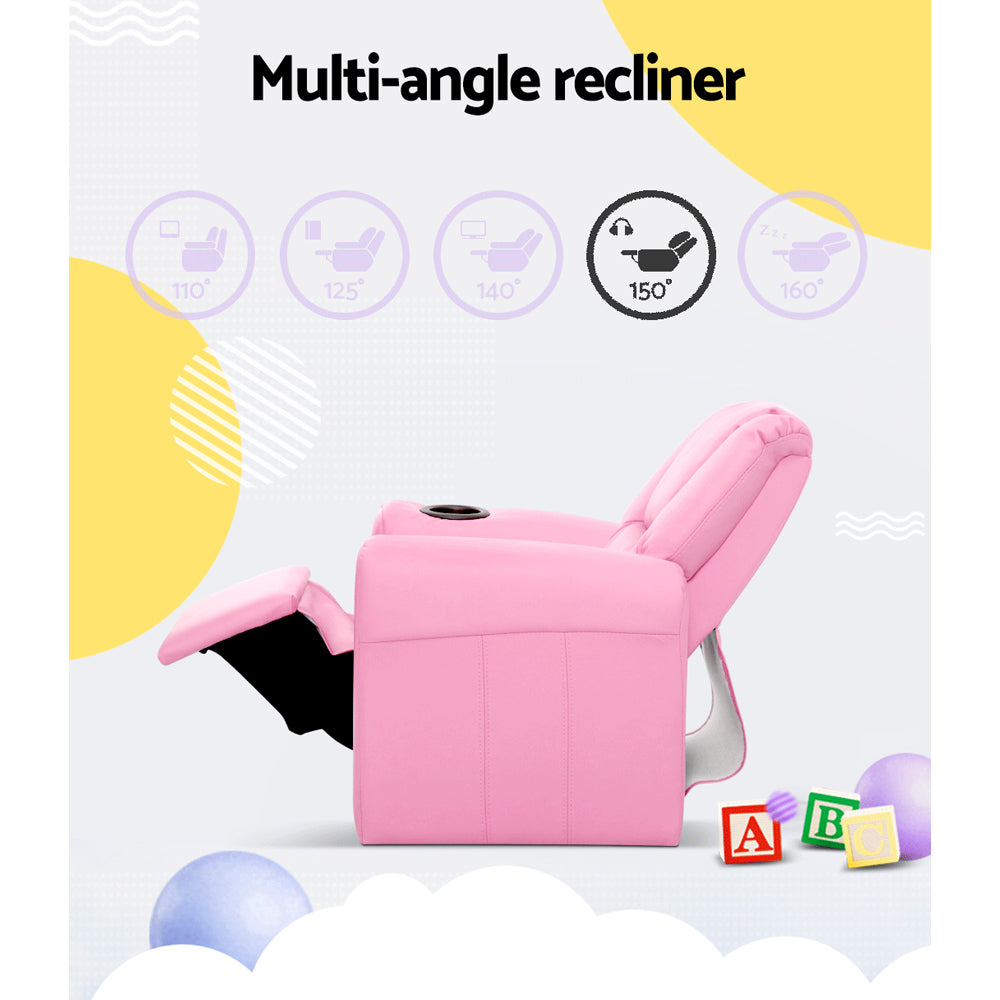 Keezi Kids Recliner Chair Pink PU Leather Sofa Lounge Couch Children Armchair-4