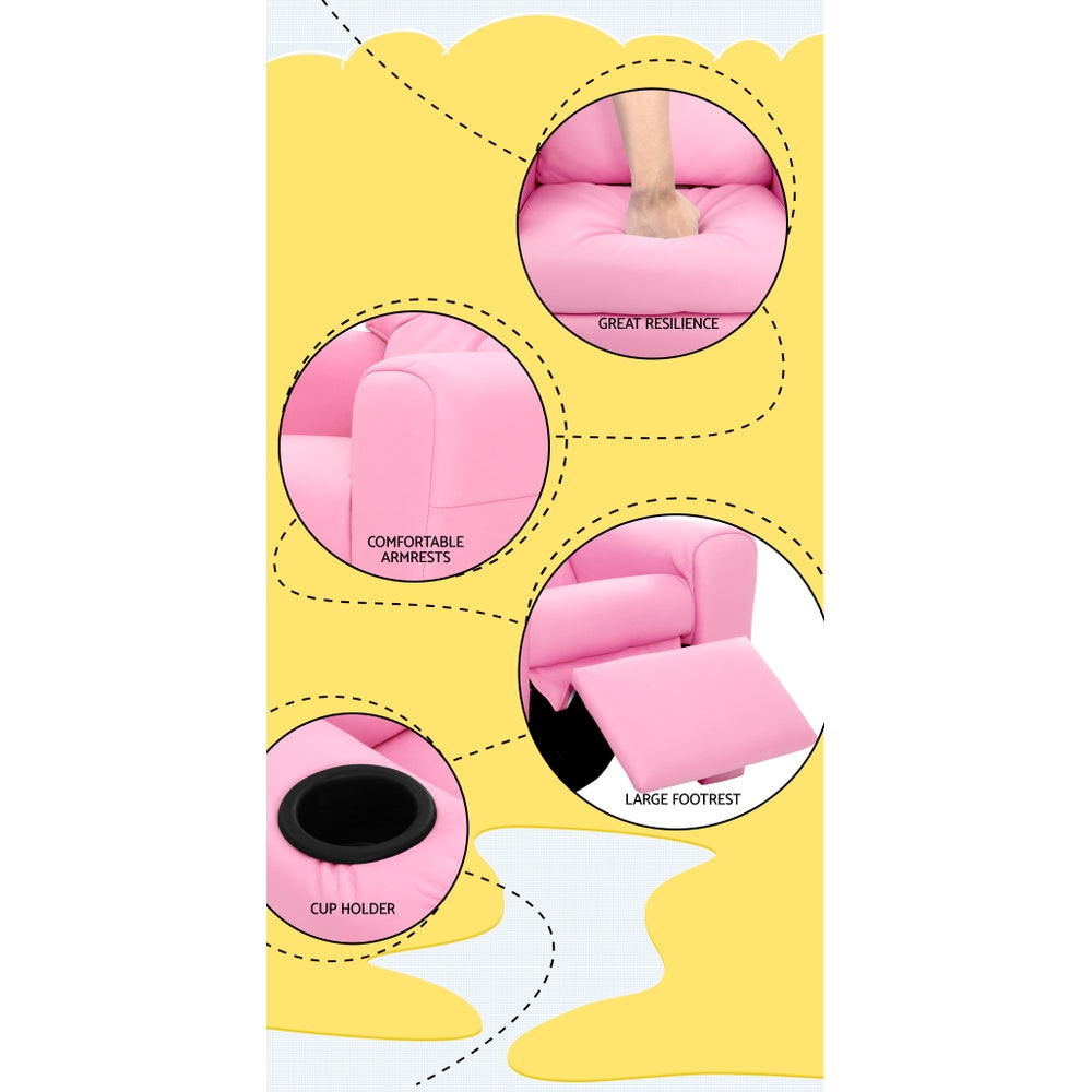 Keezi Kids Recliner Chair Pink PU Leather Sofa Lounge Couch Children Armchair-5