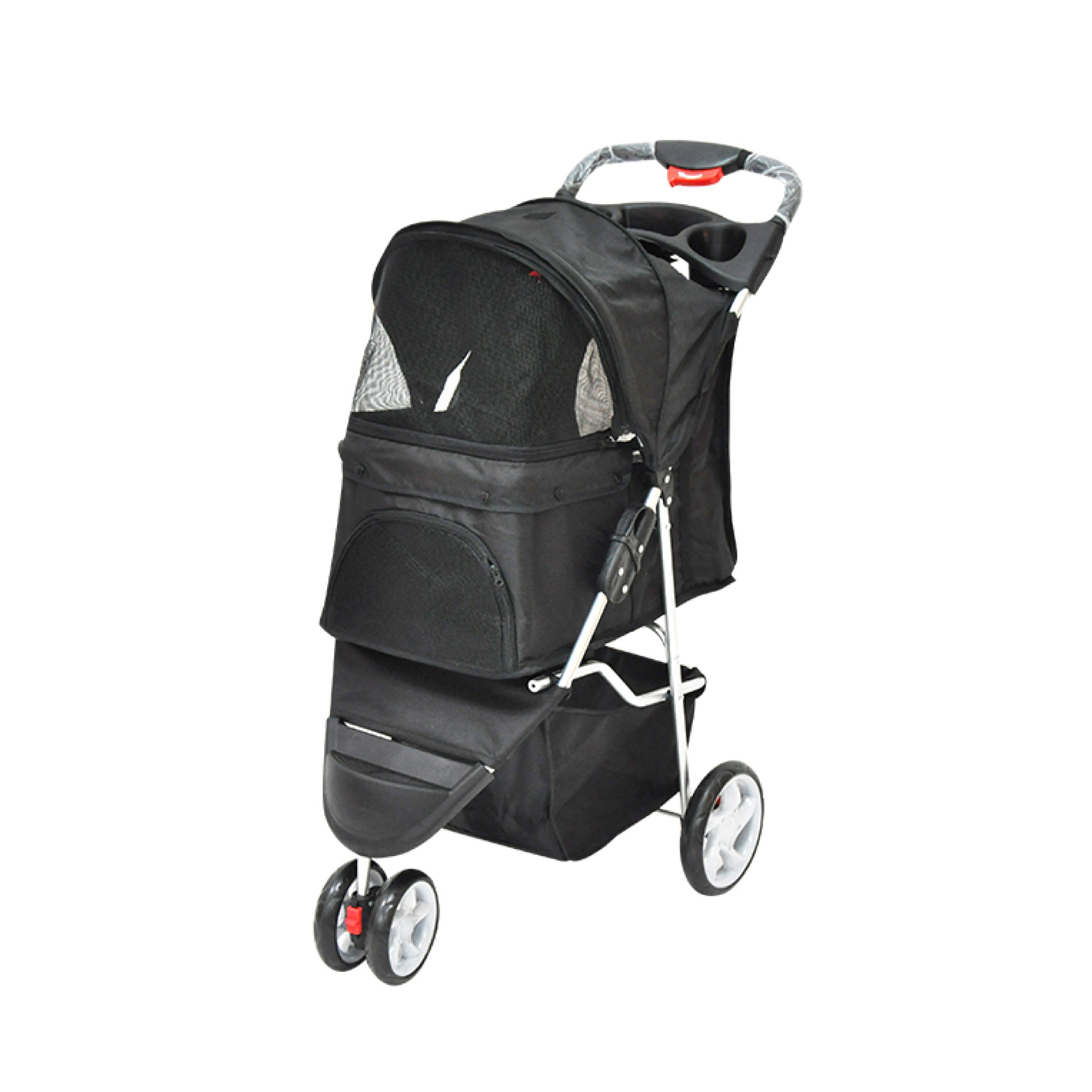 Pet Stroller Pram - Dog or Cat Black 3 Wheeled Folding Travel Buggy Pushchair-0