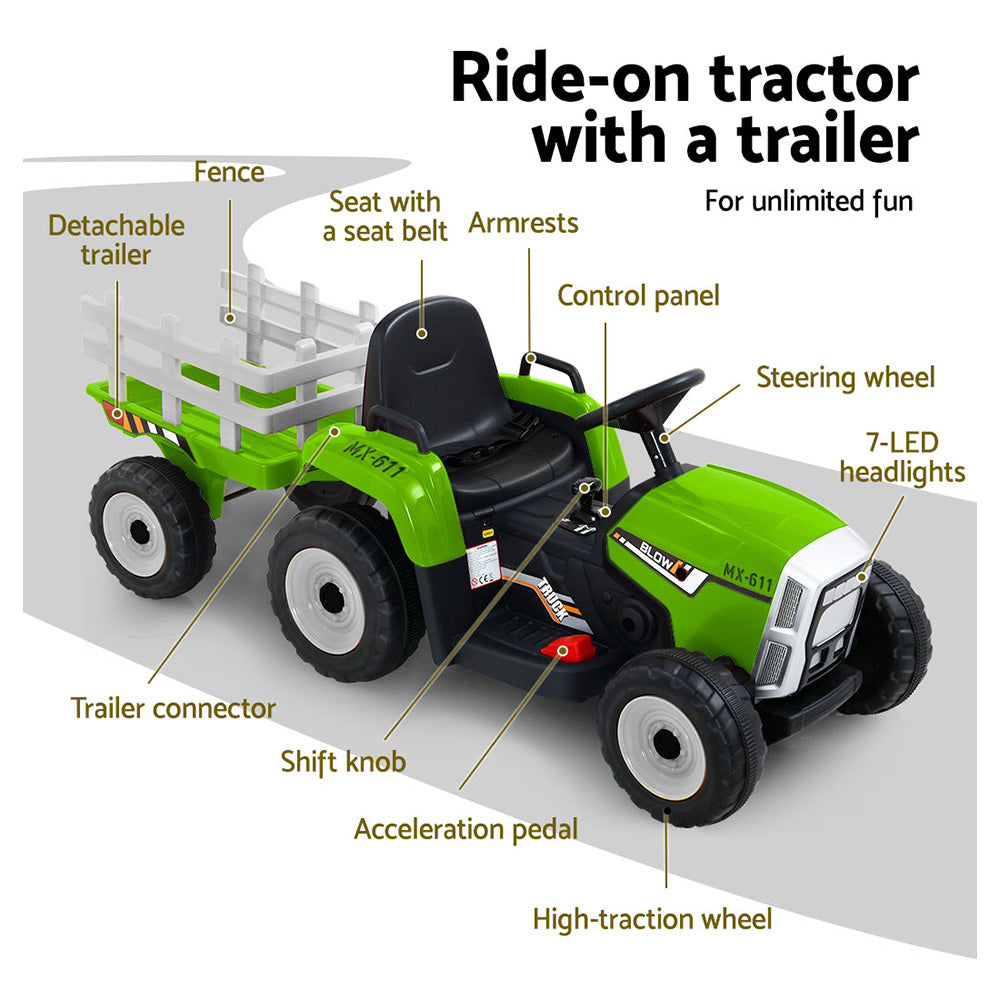 Rigo Ride On Car Tractor Trailer Toy Kids Electric Cars 12V Battery Green-4
