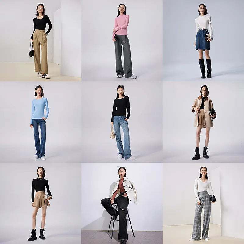 Toyouth Women Knitted Bottom Tees 2023 Autumn Long Sleeves Half High Collar O Neck V Neck Slim Solid Color Versatile Knitwear