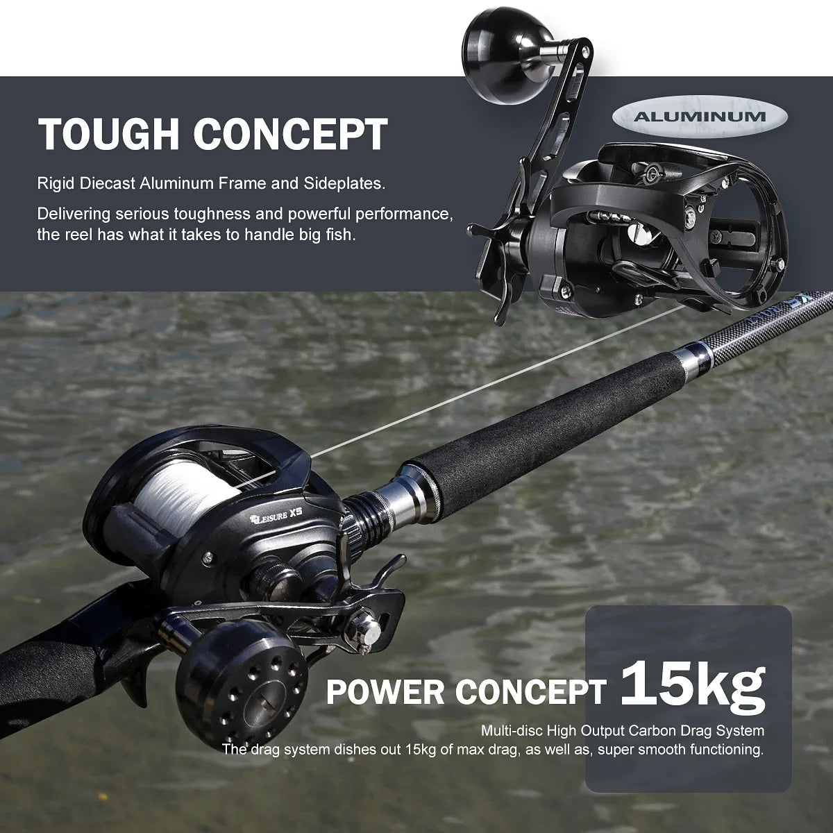 Noeby Baitcasting Reel 15kg Max Drag 6.4:1 Gear Ratio Large Capacity Carbon Stainless Aluminum Long Casting Pike Fishing Reels