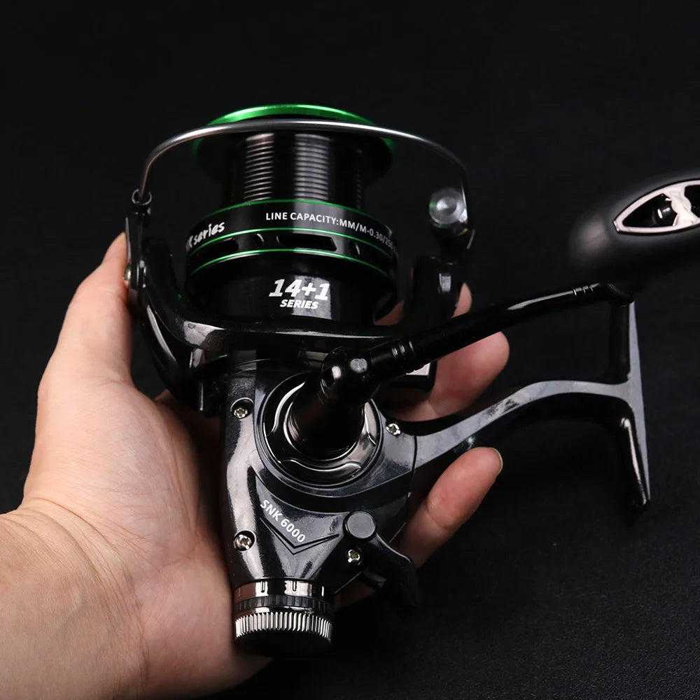 JOSBY Durable Long Throw Fishing Reel Front Rear Brakes Feeder 3000 4000 5000 6000 Wire Cup Spinning Reel Gear Ratio 5.2:1
