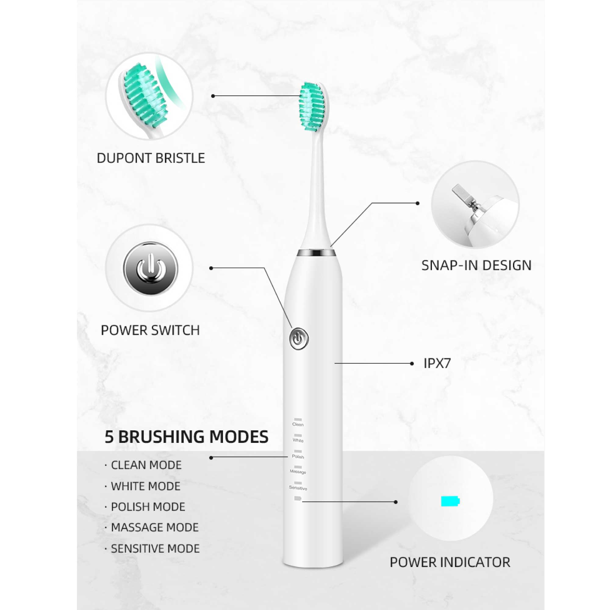 Sonic Electric Toothbrush White USB Wireless Charging Smart 5 Modes 2 Heads Case-5