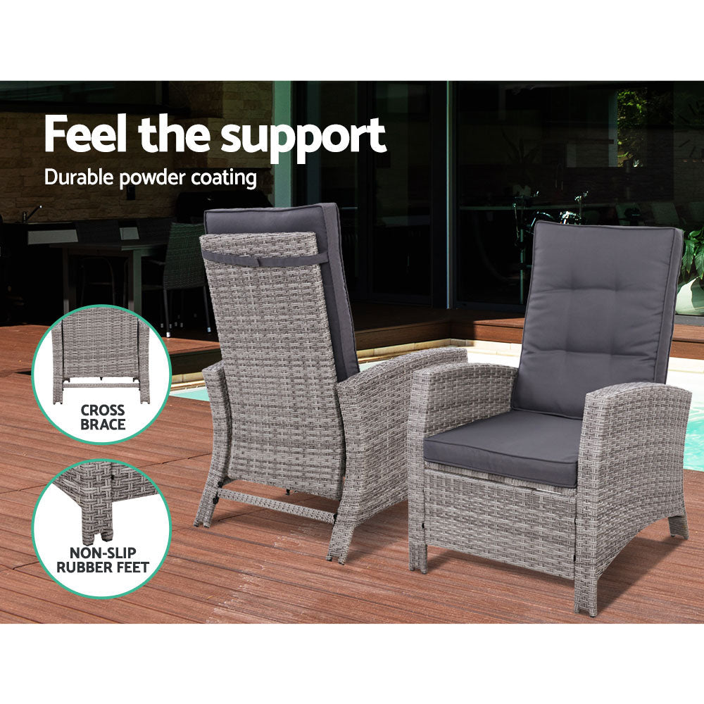 Sun lounge Recliner Chair Wicker Lounger Sofa Day Bed Outdoor Furniture Patio Garden Cushion Ottoman Grey Gardeon-9