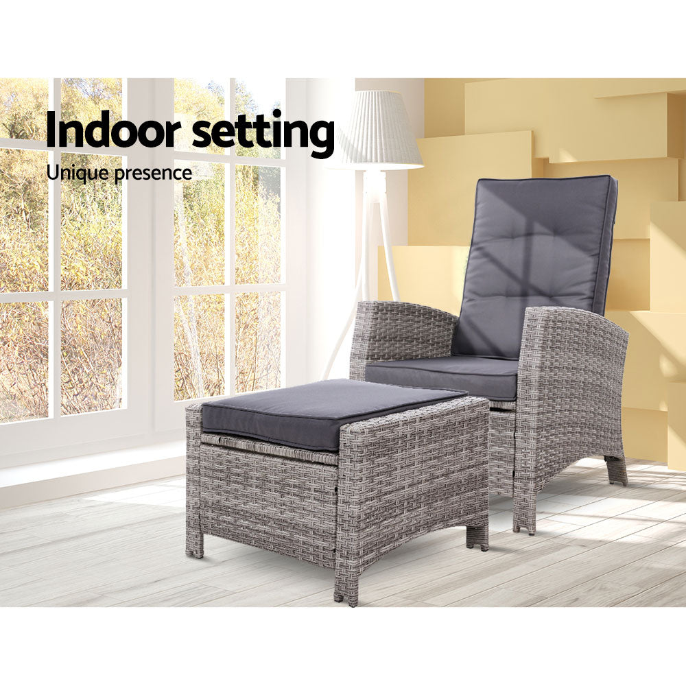 Sun lounge Recliner Chair Wicker Lounger Sofa Day Bed Outdoor Furniture Patio Garden Cushion Ottoman Grey Gardeon-11