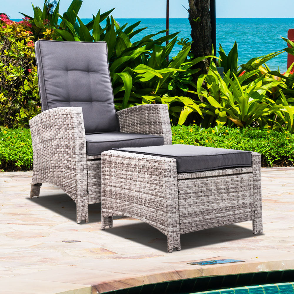 Sun lounge Recliner Chair Wicker Lounger Sofa Day Bed Outdoor Furniture Patio Garden Cushion Ottoman Grey Gardeon-7