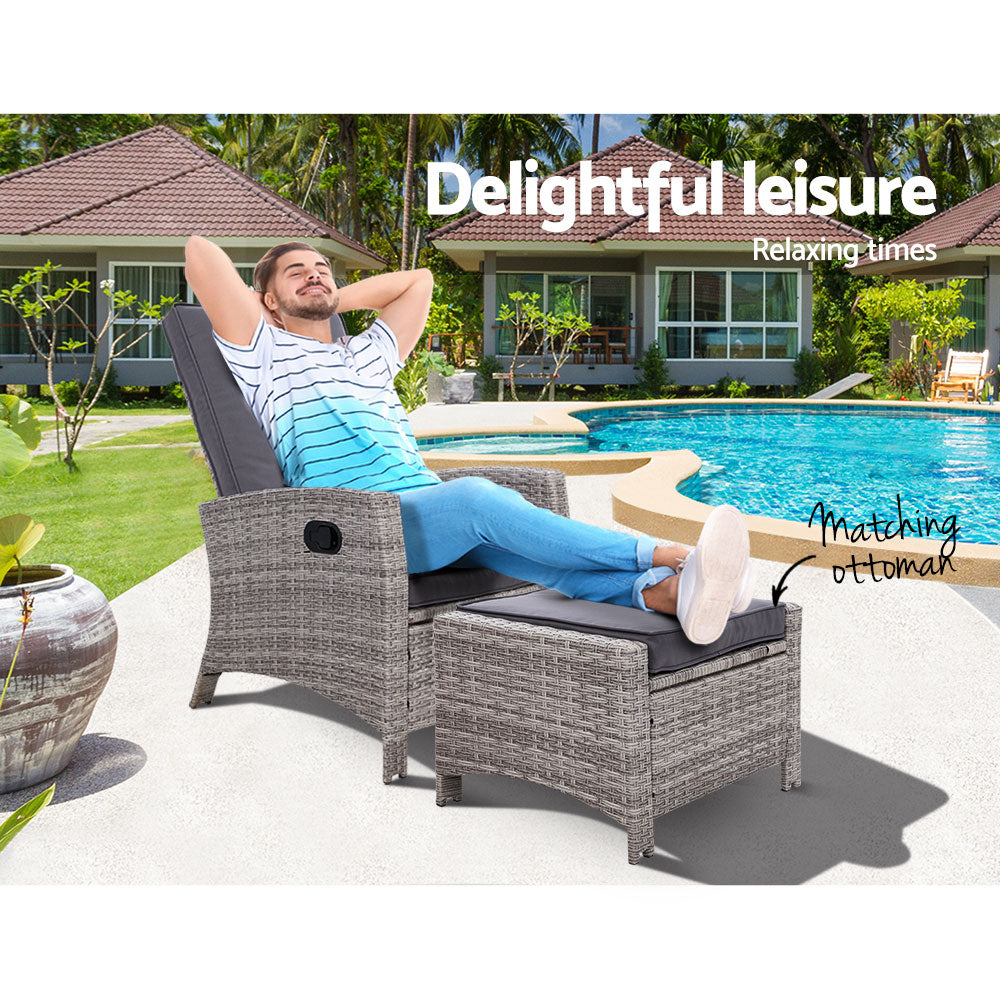 Sun lounge Recliner Chair Wicker Lounger Sofa Day Bed Outdoor Furniture Patio Garden Cushion Ottoman Grey Gardeon-8