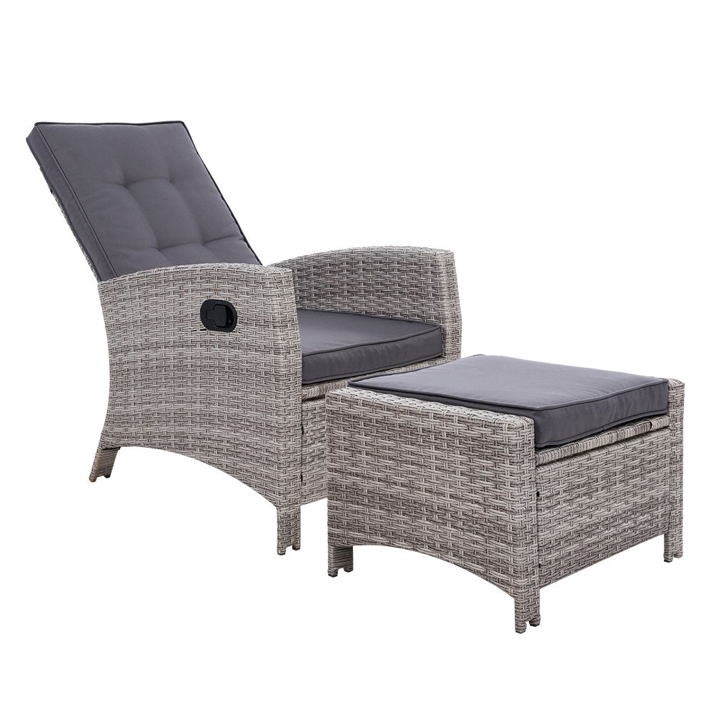 Sun lounge Recliner Chair Wicker Lounger Sofa Day Bed Outdoor Furniture Patio Garden Cushion Ottoman Grey Gardeon-0
