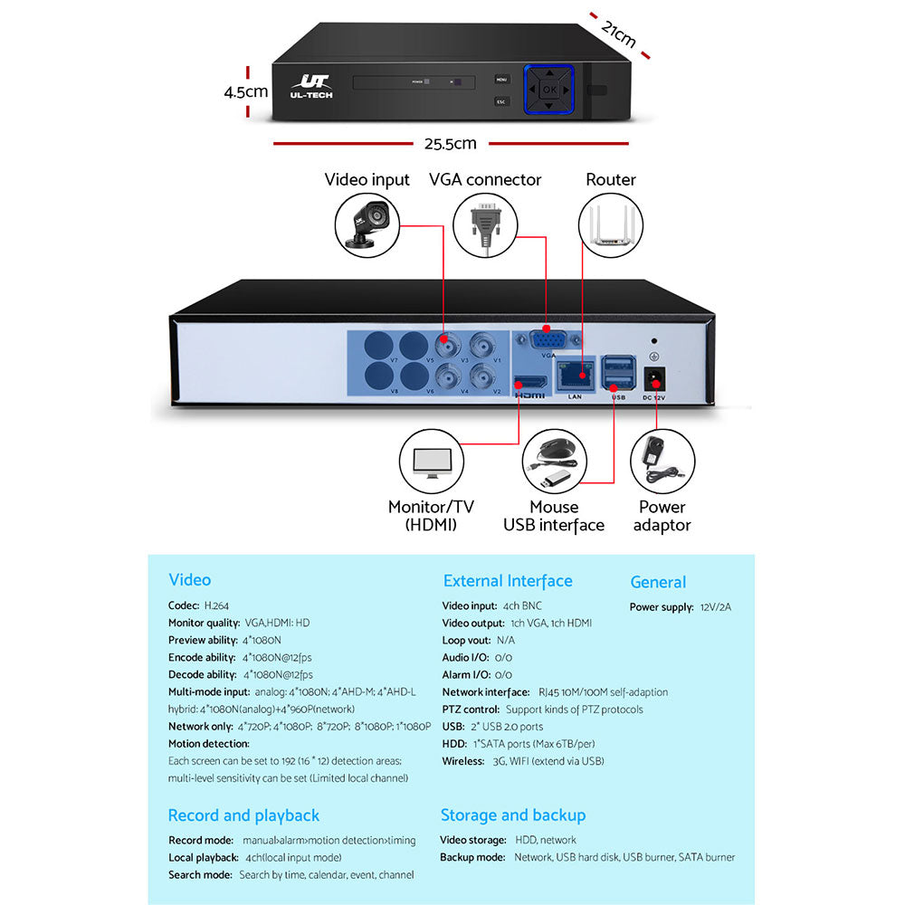 UL-TECH 4CH 5 IN 1 DVR CCTV Security System Video Recorder 4 Cameras 1080P HDMI Black-4