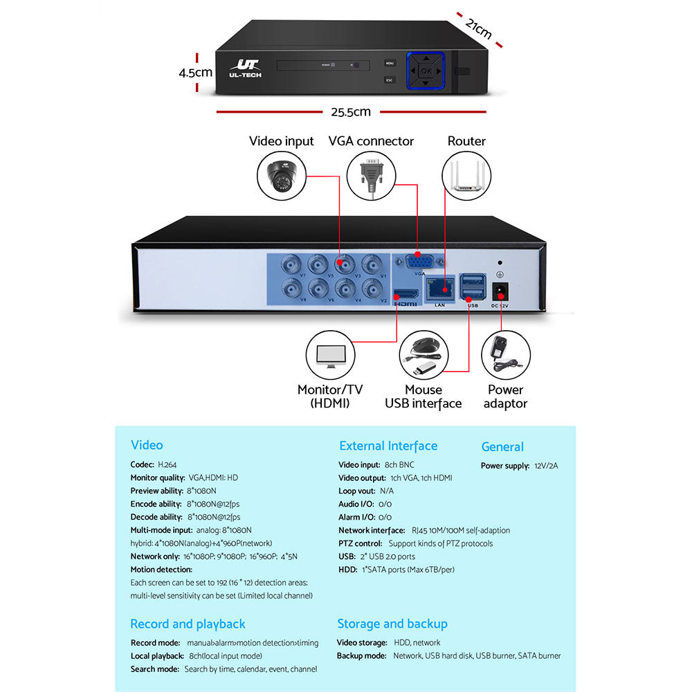 UL-tech CCTV Camera Security System Home 8CH DVR 1080P IP Day Night 4 Dome Cameras Kit-4