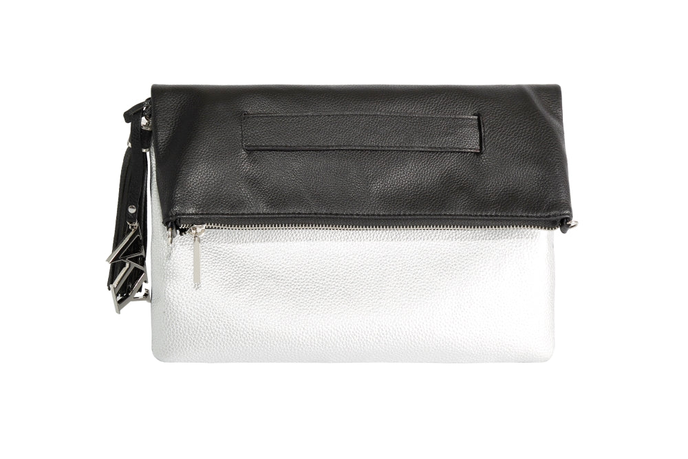 Womens Vky Original Lourve Clutch Classic Leather Bag Handbag- Black/Matt Silver-0