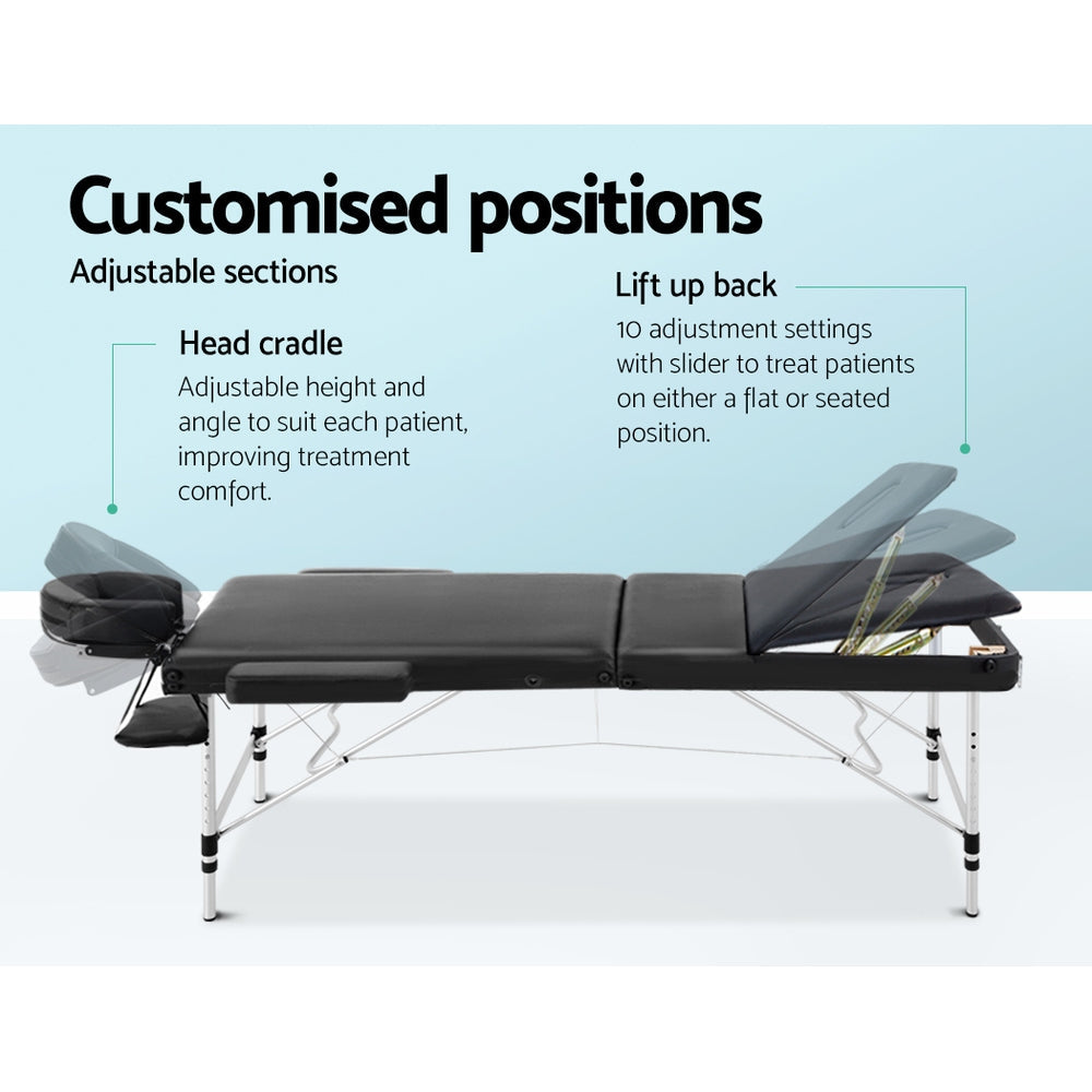 Zenses 70cm Wide Portable Aluminium Massage Table 3 Fold Treatment Beauty Therapy Black-3