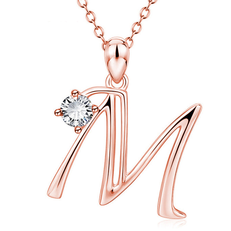 Rose Gold Rhinestone Letter Necklace For Women Girls