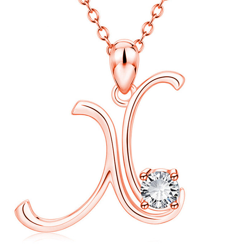 Rose Gold Rhinestone Letter Necklace For Women Girls
