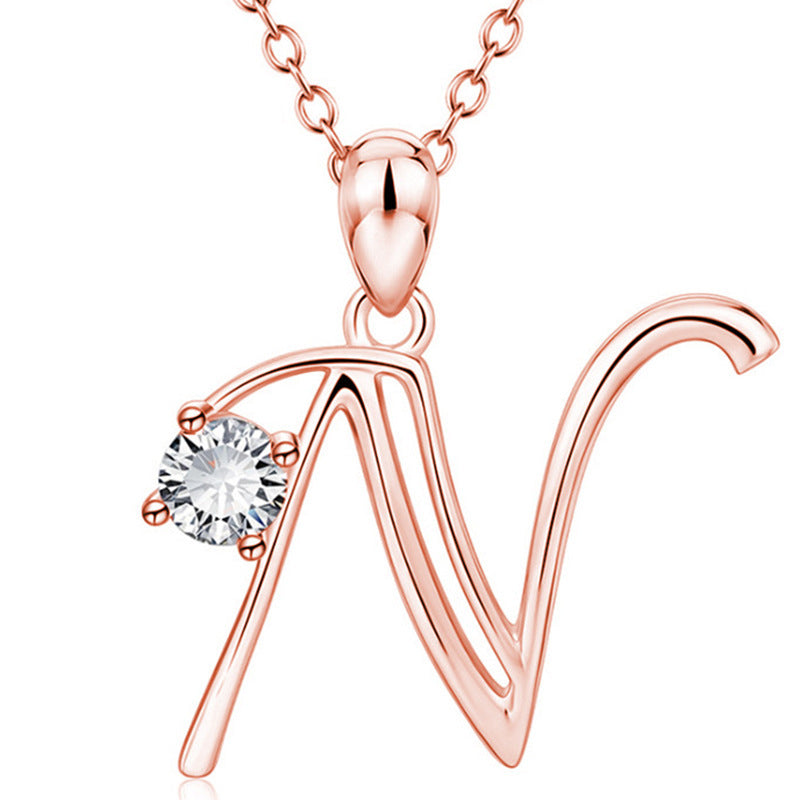 Rose Gold Rhinestone Letter Necklace For Women Girls