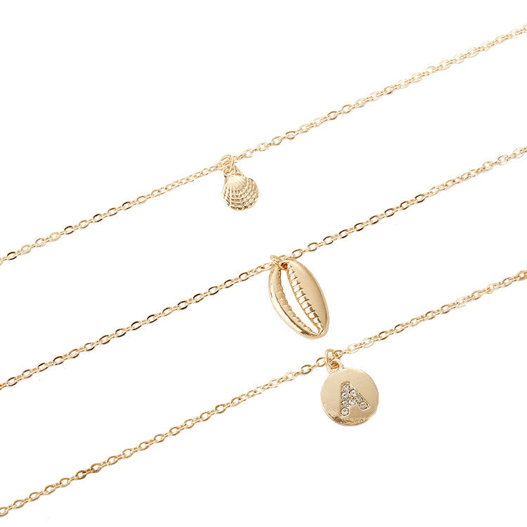 Fashionable Simple Shell Inlaid Diamond Letter A Three Layer Necklace