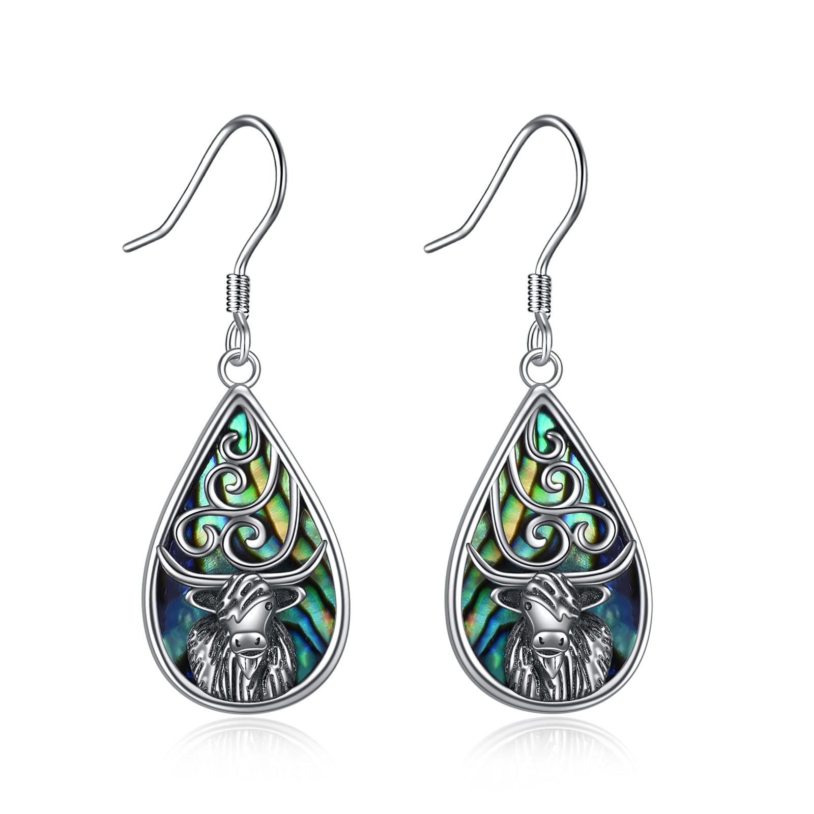 Highland Cow Dangling Earrings 925 Sterling Silver Abalone Shellfish Western Cow Earrings