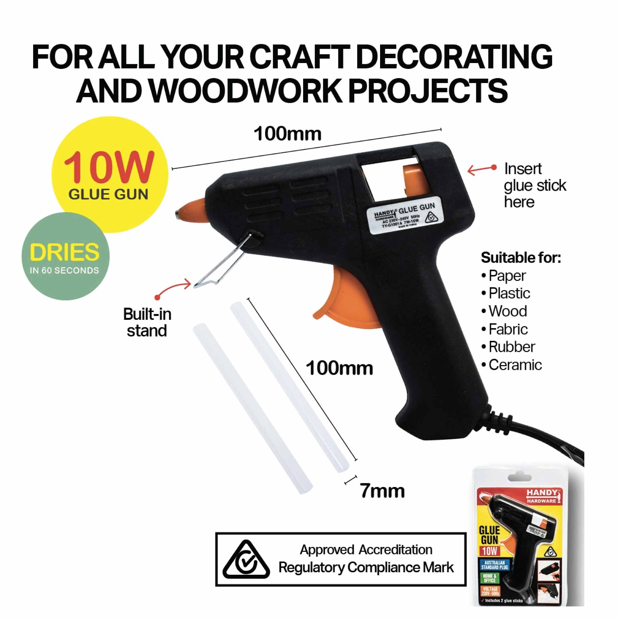 10w Mini Hot Glue Gun Handy Hardware SAA RCM Craft Adhesive 2x 7mmx100mm Sticks-1