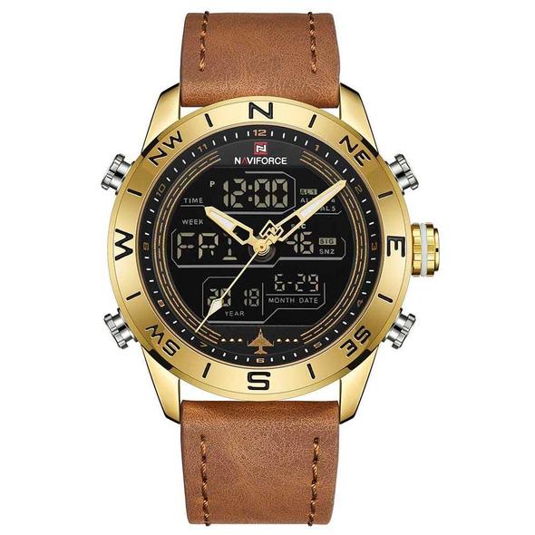 NAVIFORCE 9144 Fashion Gold Men Sport Watches Mens LED Analog Digital Watch Army Military Leather Quartz Watch Relogio Masculino