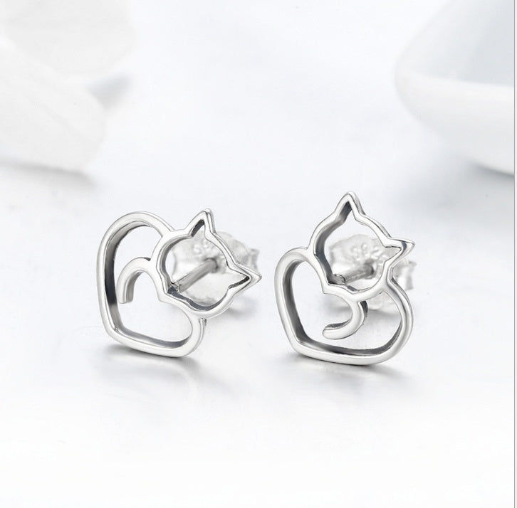 Platinum Plated 925 Sterling Silver Cat Heart Necklace