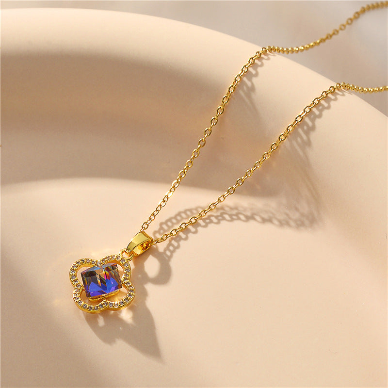 Ocean Heart Necklace Female Four Leaf Clover Blue Crystal Pendant