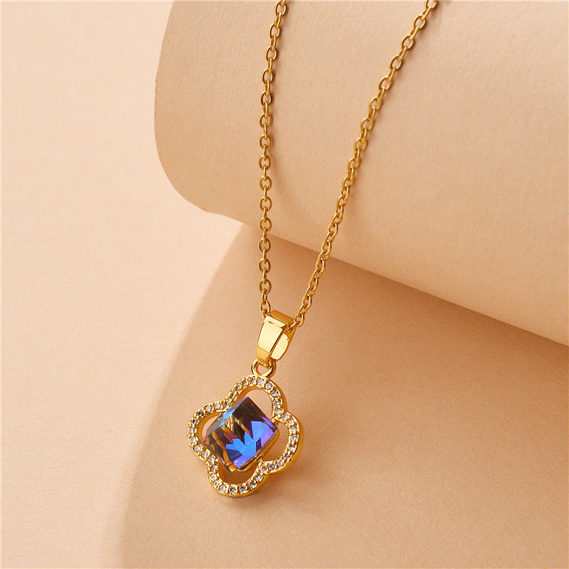 Ocean Heart Necklace Female Four Leaf Clover Blue Crystal Pendant