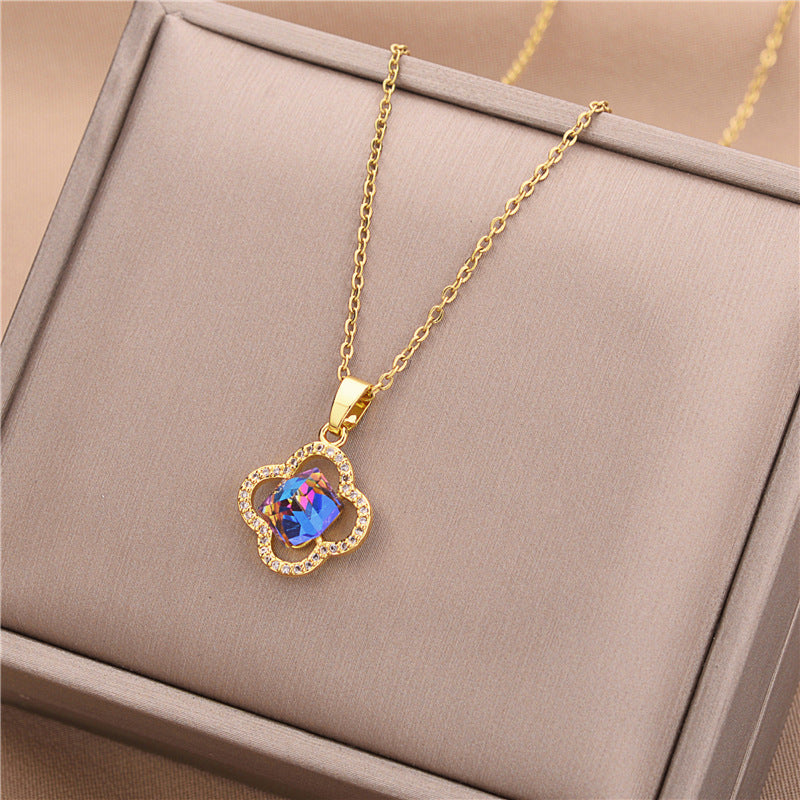 Ocean Heart Necklace Female Four Leaf Clover Blue Crystal Pendant