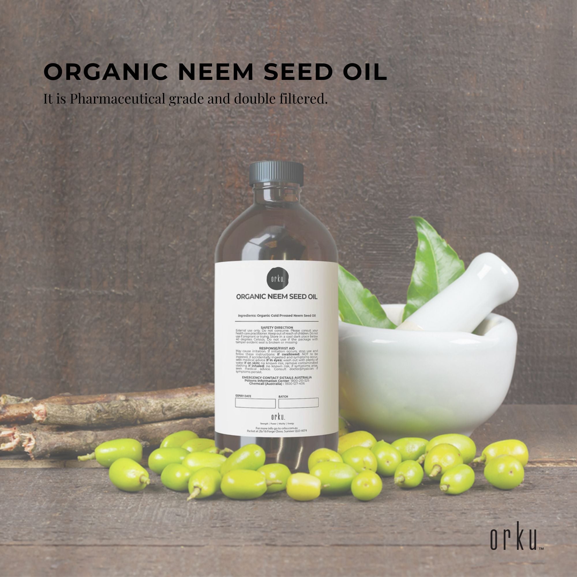 Orku 1L Organic Neem Seed Oil - Debitterised Cold Pressed Azadirachtin Indica-1